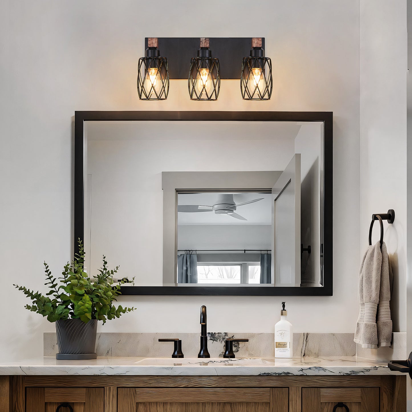 18" 3-Light Black Caged Wall Light with Wood Accents - view 4