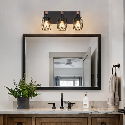 18" 3-Light Black Caged Wall Light with Wood Accents - view 4