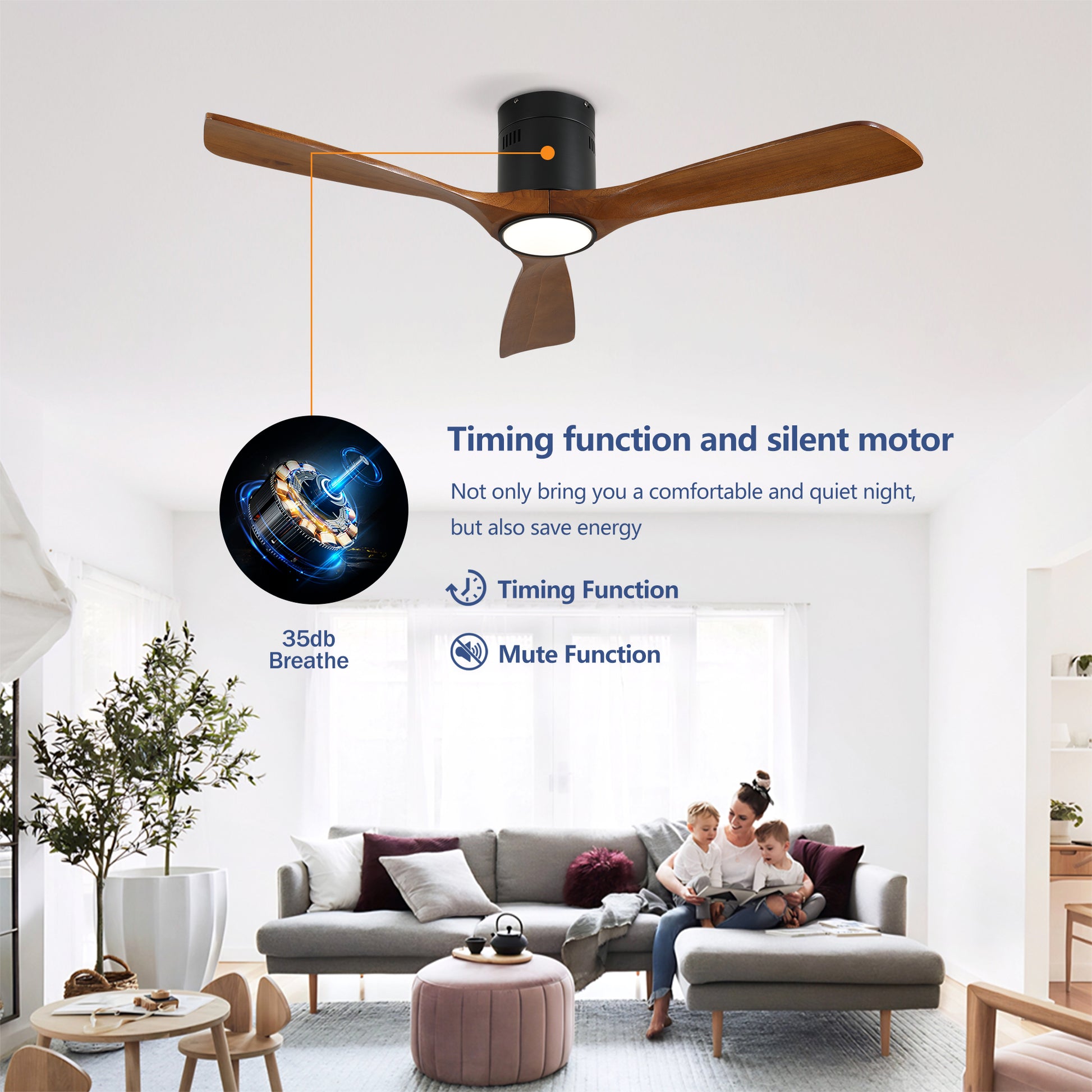 52" Matte Black & Wood Ceiling Fan with Dimmable LED - view 12