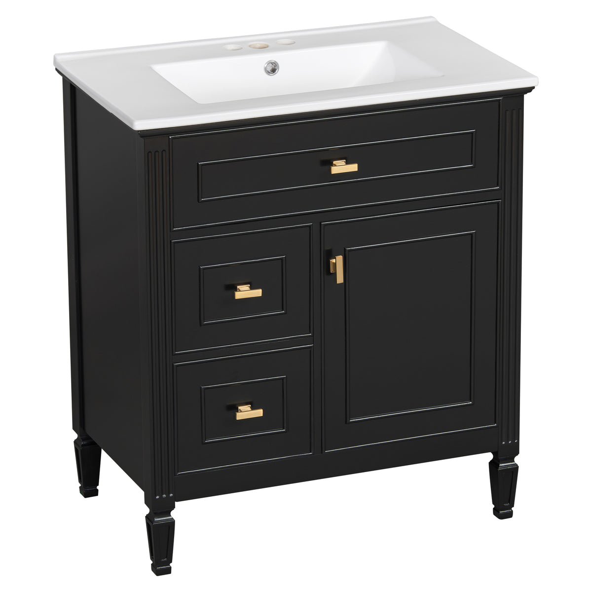 30" Black Bathroom Vanity with Sink, 3 Drawers & Gold Handles