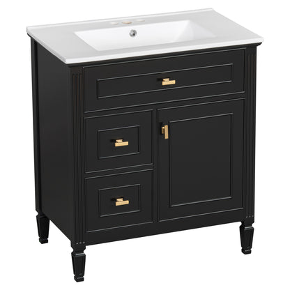 30" Black Bathroom Vanity with Sink, 3 Drawers & Gold Handles