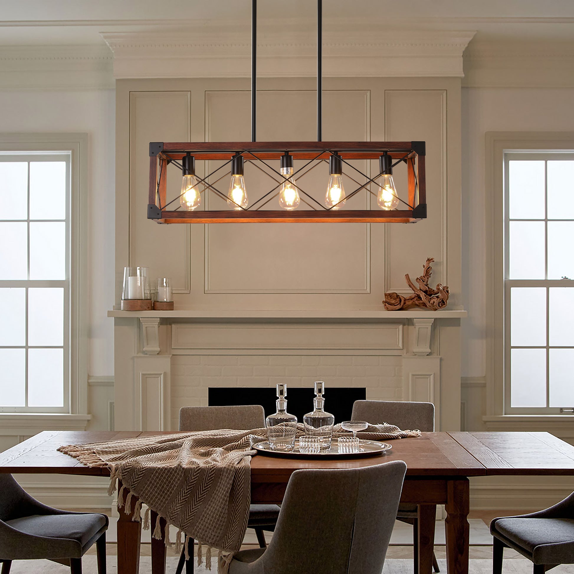 32" 5-Light Red Wood Farmhouse Rectangle Chandelier