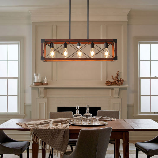 32" 5-Light Red Wood Farmhouse Rectangle Chandelier