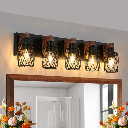 31" 5-Light Black Caged Wall Light with Wood Accents - view 4