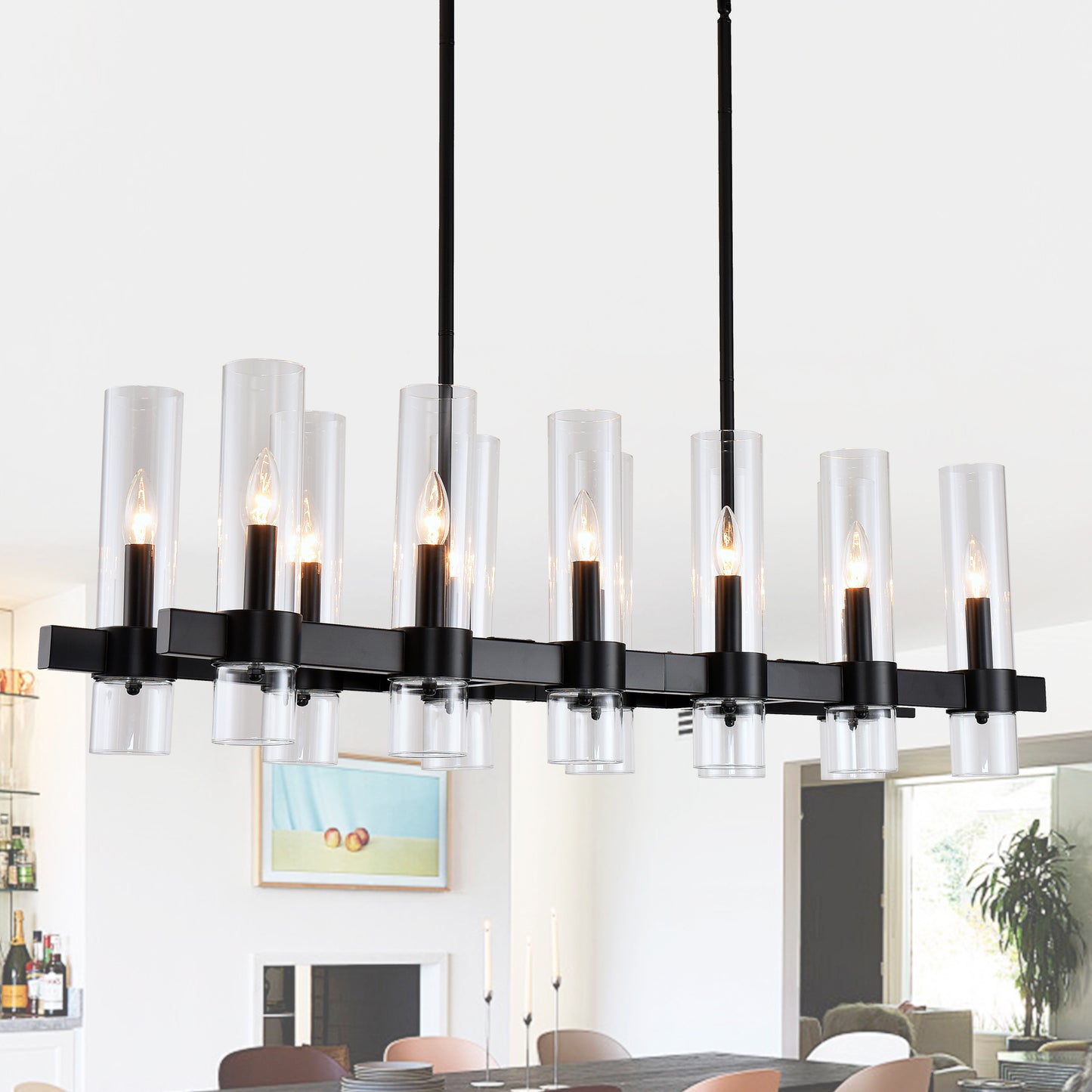12-Light Black Linear Farmhouse Chandelier with Clear Glass