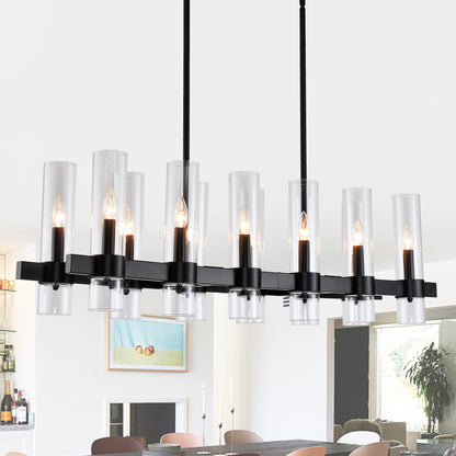 12-Light Black Linear Farmhouse Chandelier with Clear Glass