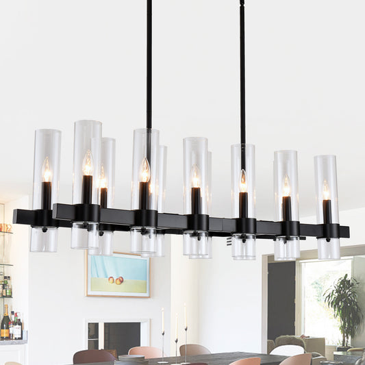 12-Light Black Linear Farmhouse Chandelier with Clear Glass