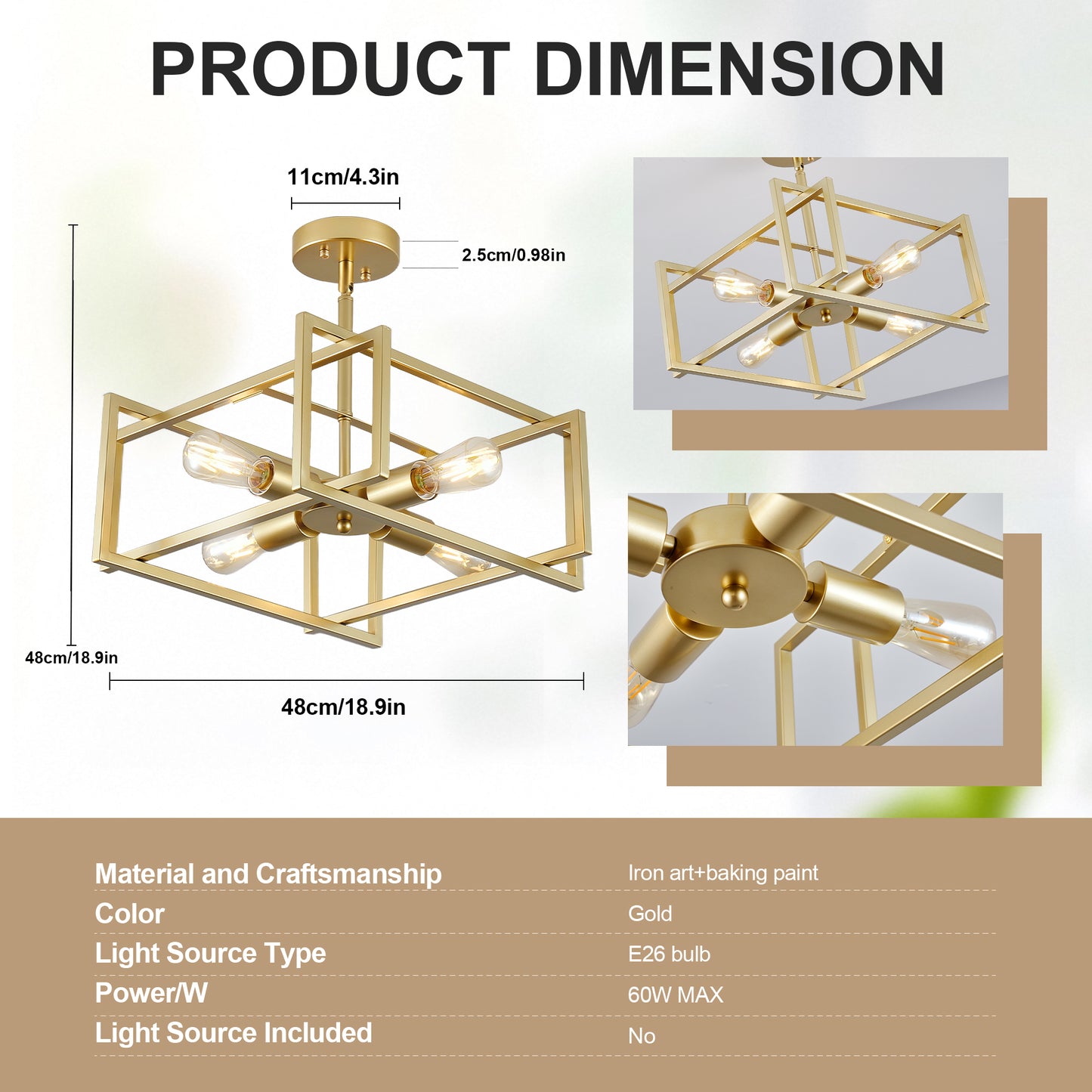 4-Light Gold Industrial Flush Mount Chandelier - view 8
