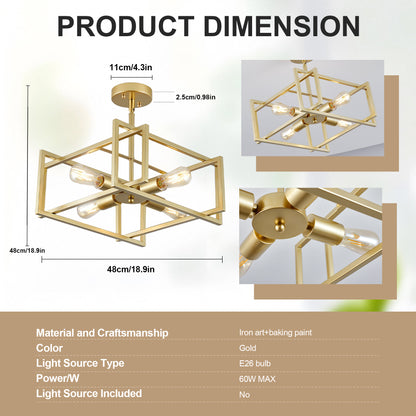 4-Light Gold Industrial Flush Mount Chandelier - view 8