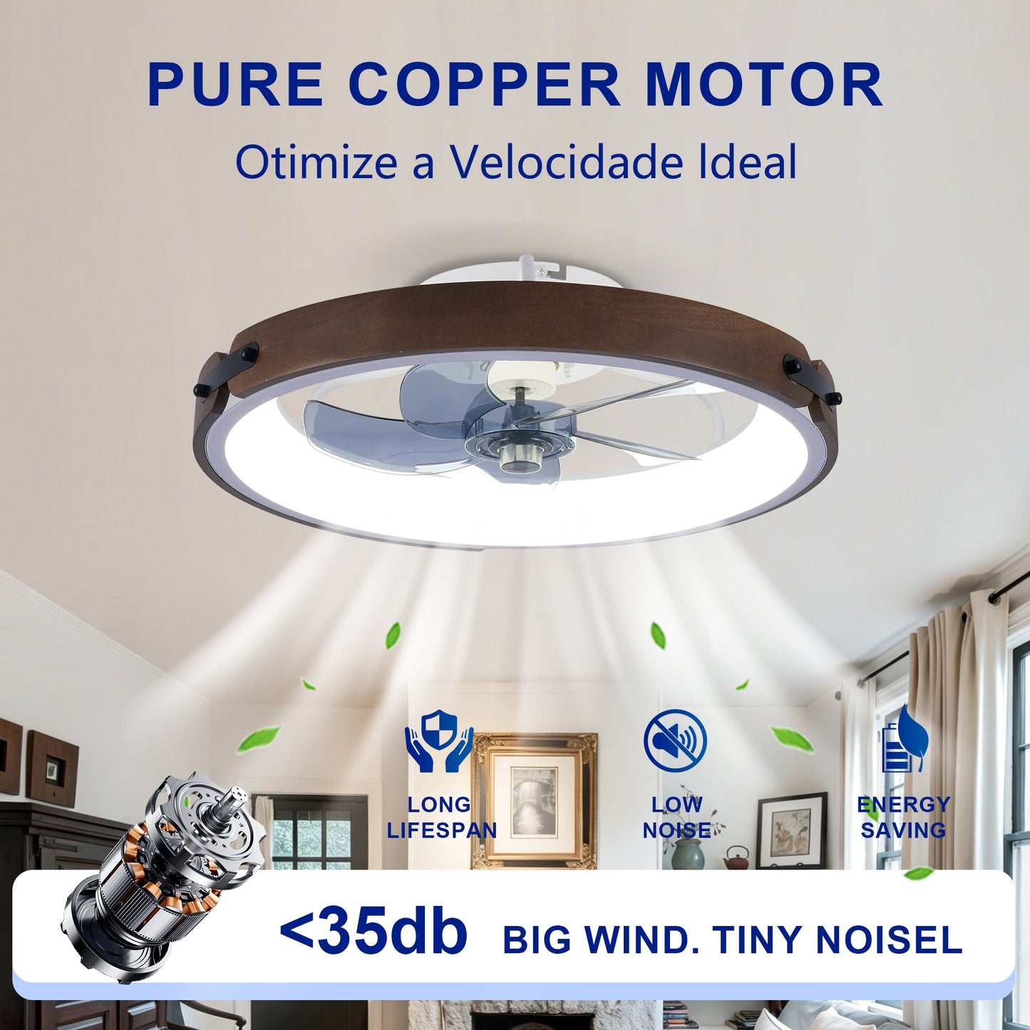 20" Walnut & Black Flush Mount Ceiling Fan with Dimmable LED - view 12