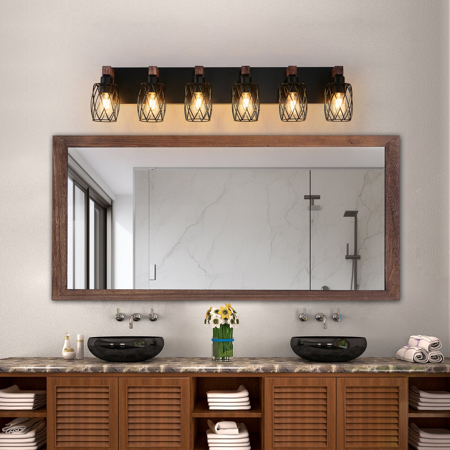 38" 6-Light Caged Industrial Wall Light with Wood Accents - view 4