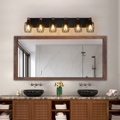38" 6-Light Caged Industrial Wall Light with Wood Accents - view 4