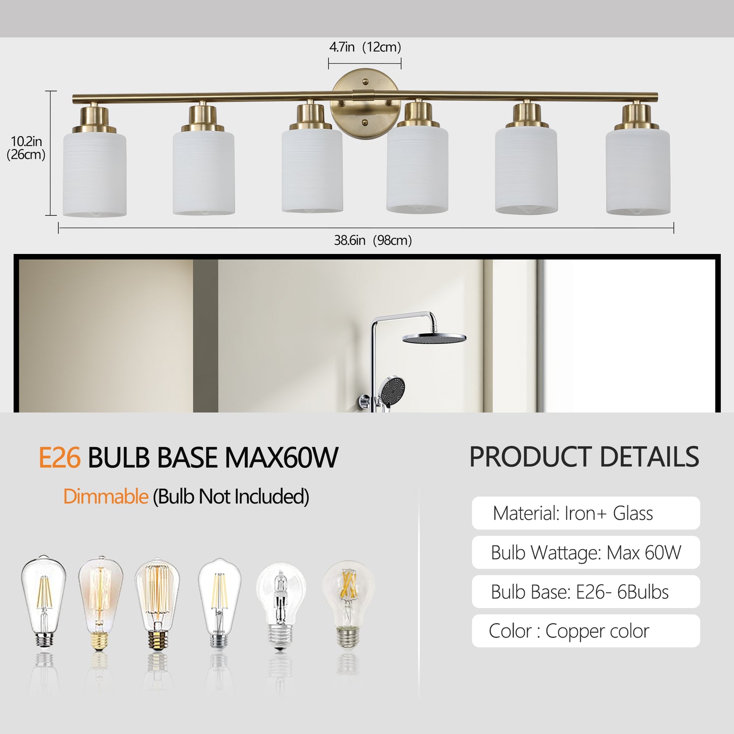 39" 6-Light Gold Vanity Wall Light with Frosted Glass - view 8