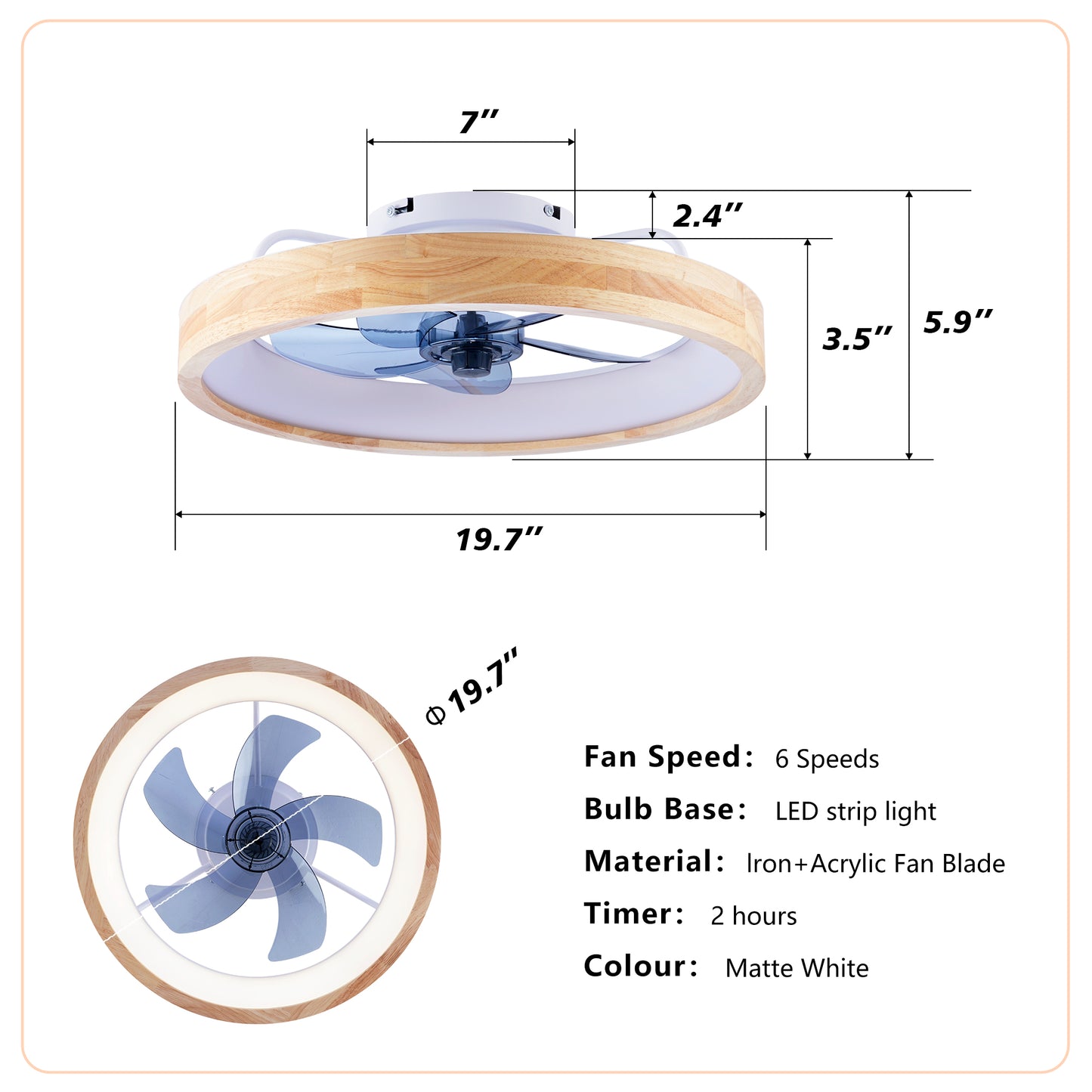 20" Wood & White Flush Mount Ceiling Fan with Dimmable LED - view 6