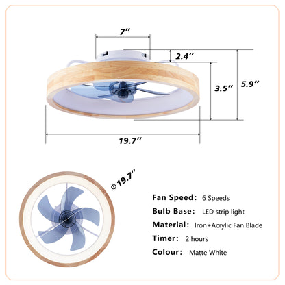 20" Wood & White Flush Mount Ceiling Fan with Dimmable LED - view 6