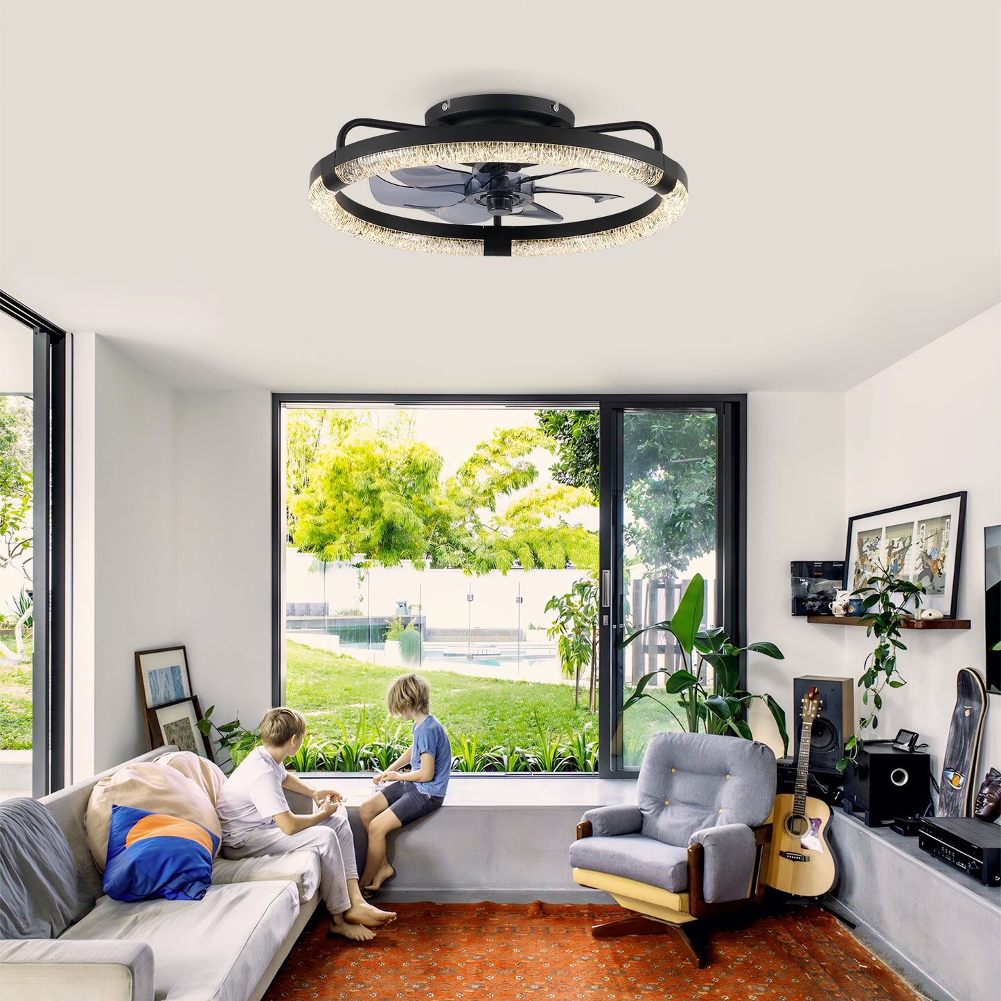 20" Matte Black Flush Mount Ceiling Fan with Dimmable LED - view 3