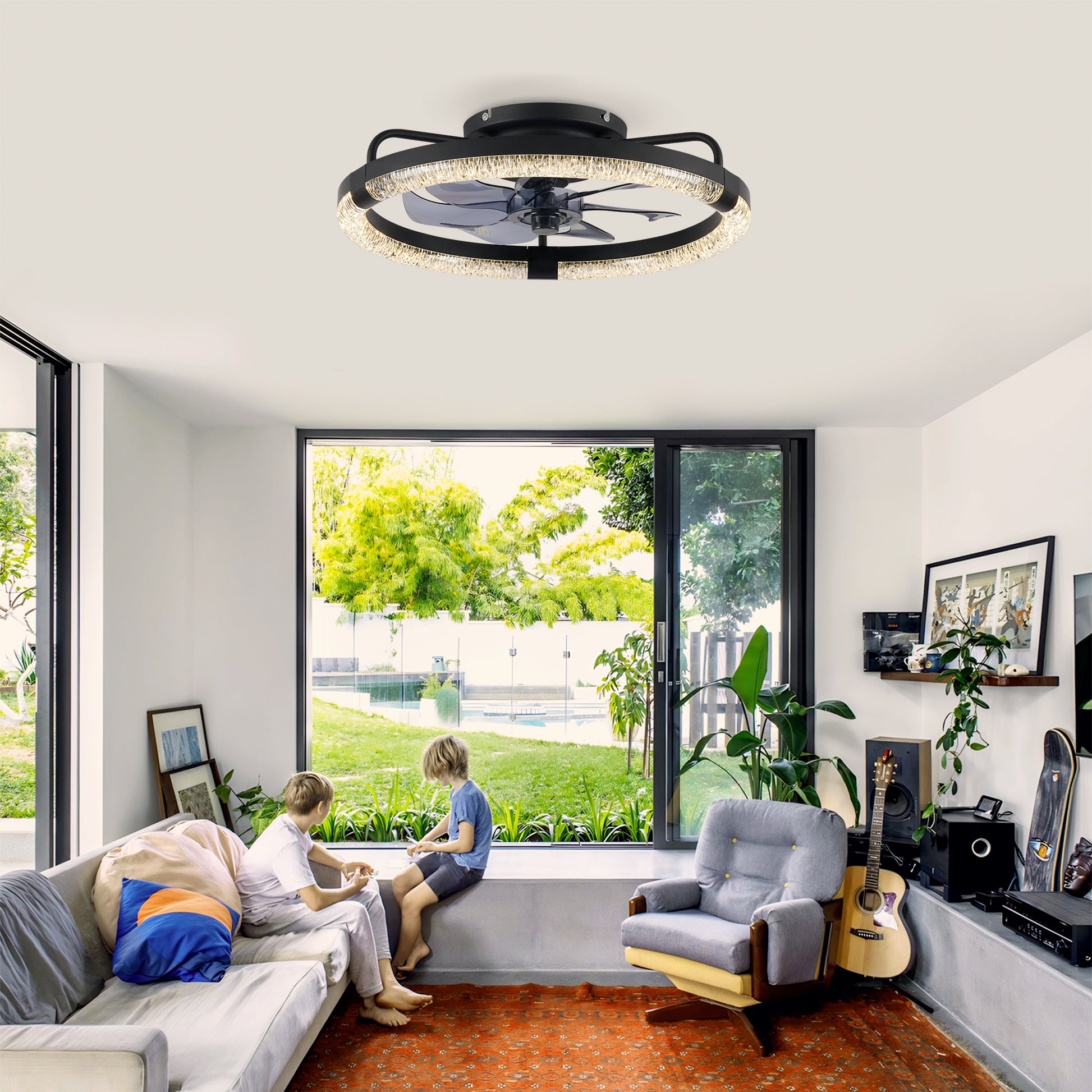 20" Matte Black Flush Mount Ceiling Fan with Dimmable LED - view 3