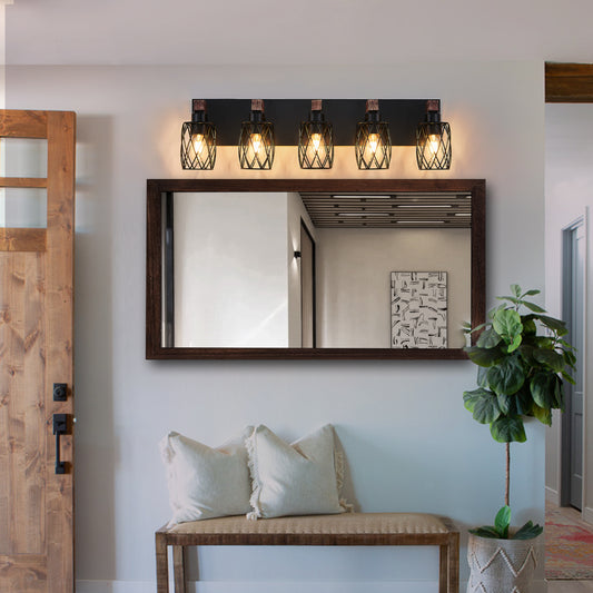 31" 5-Light Black Caged Wall Light with Wood Accents