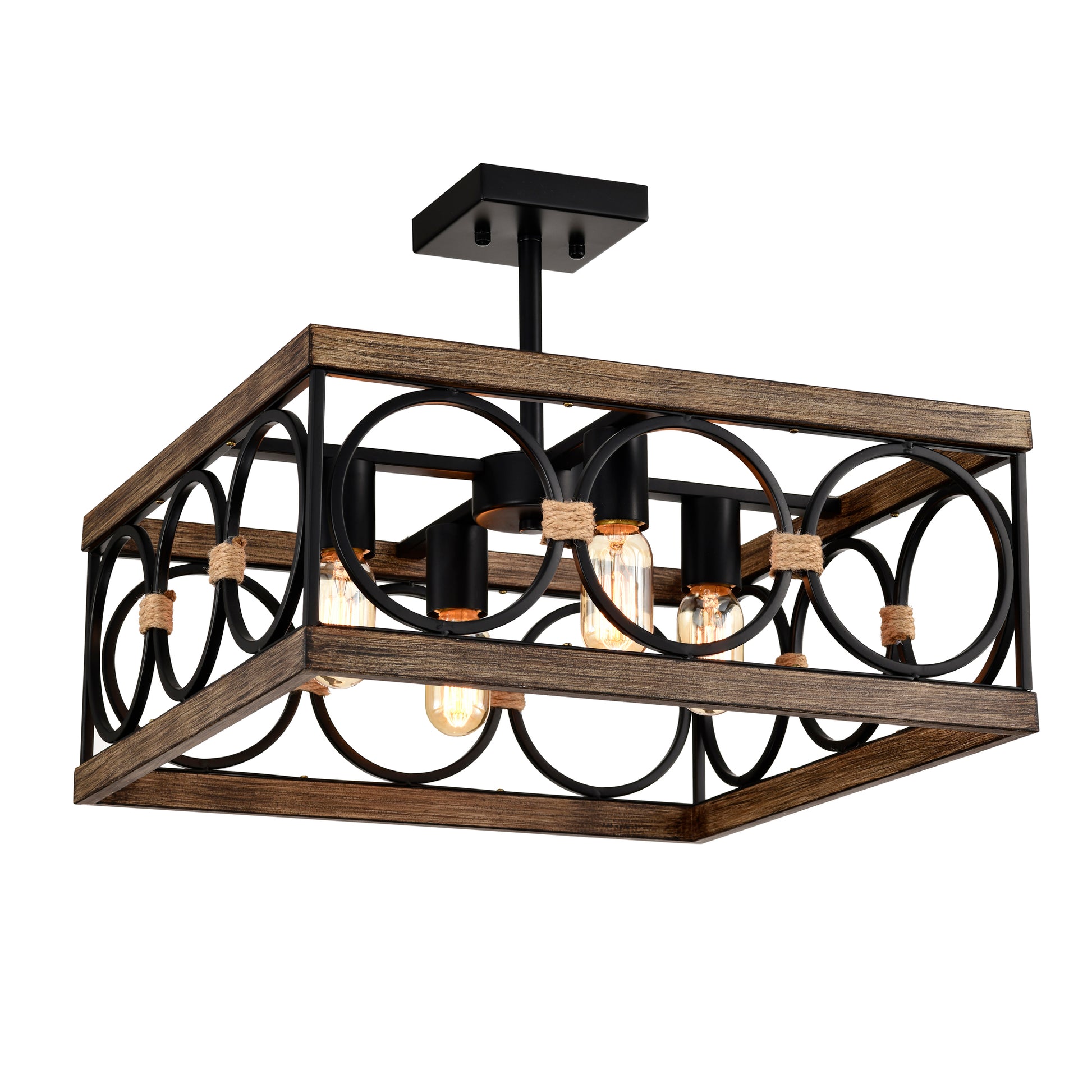 4-Light Wood & Black Farmhouse Flush Mount Ceiling Light - view 12