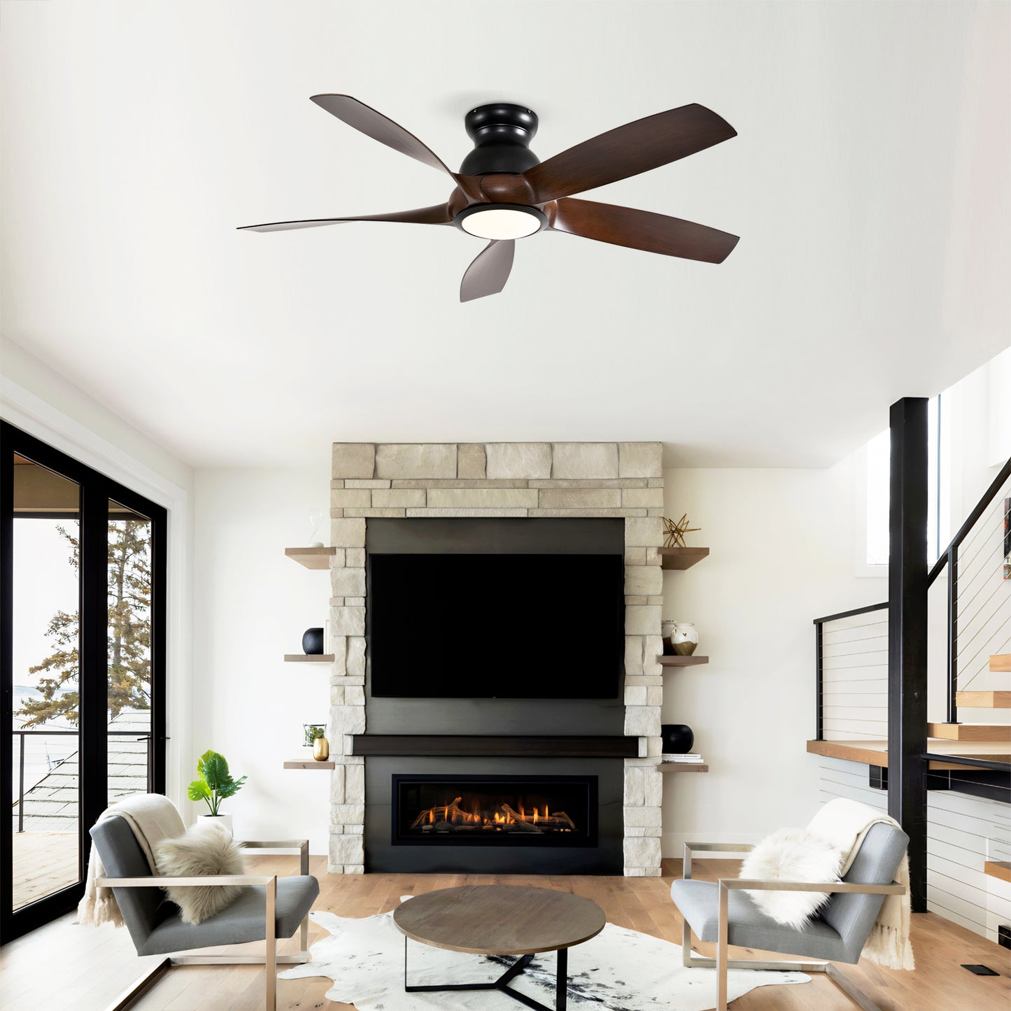 56" Matte Black & Wood Ceiling Fan with Remote - view 4