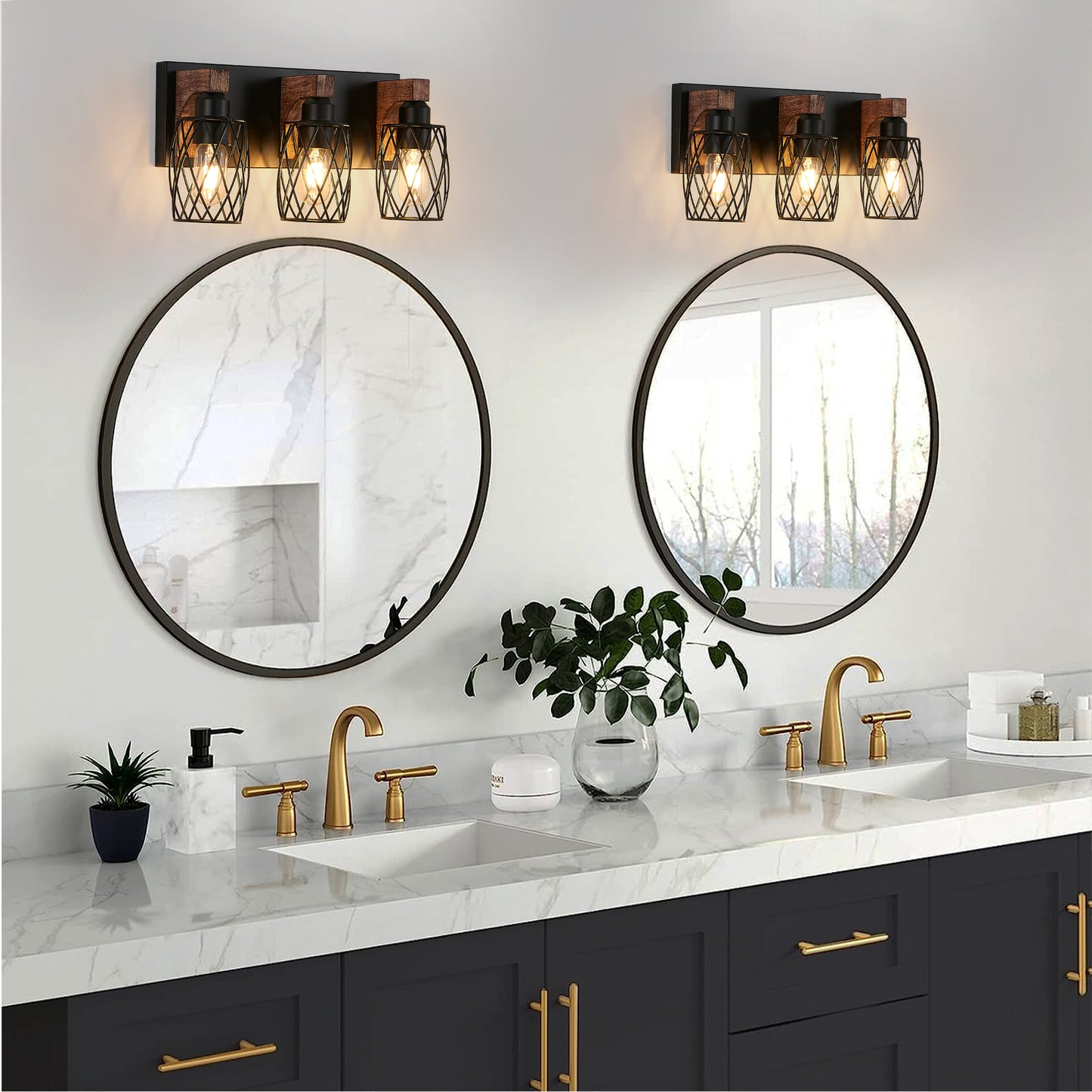 18" 3-Light Black Caged Wall Light with Wood Accents - view 2