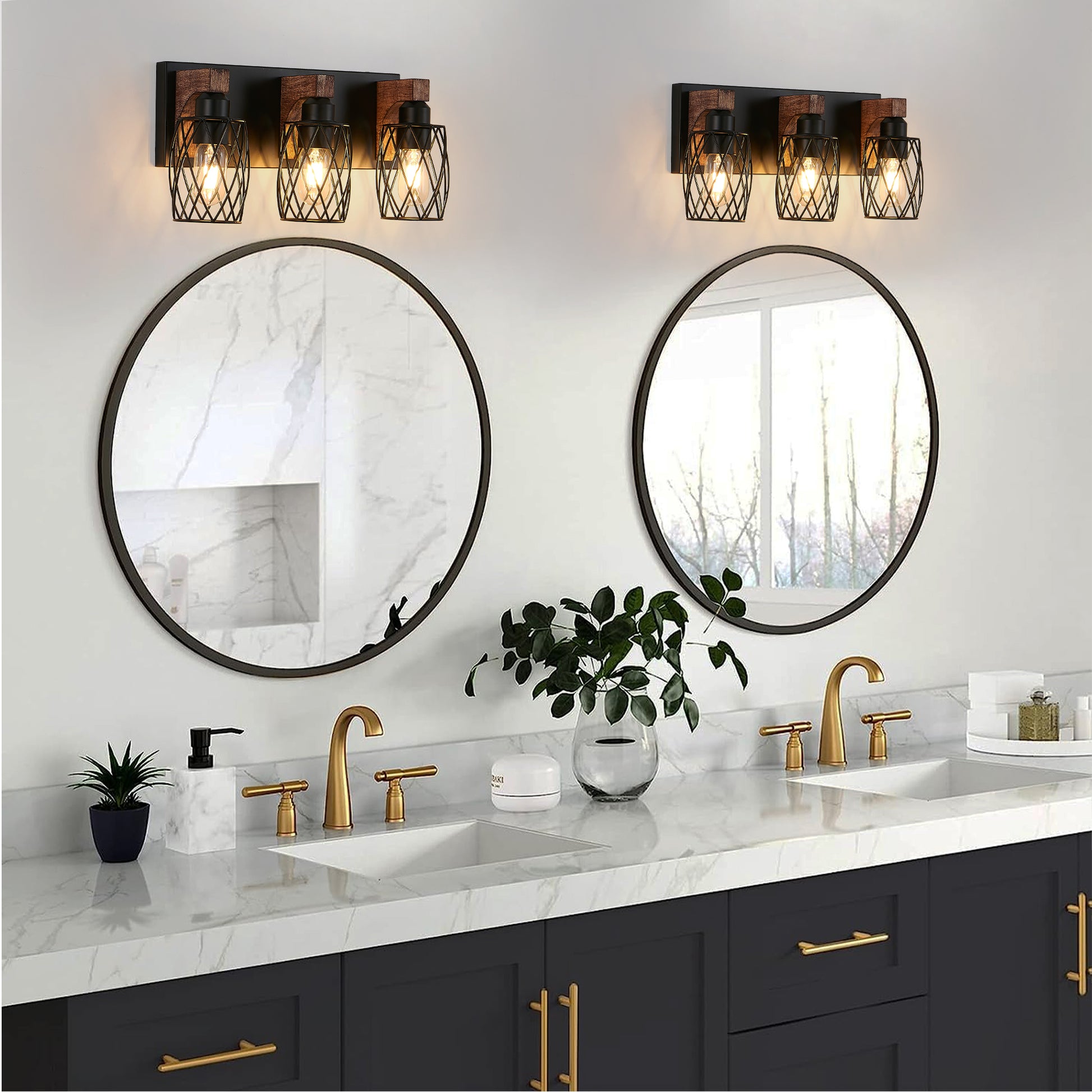 18" 3-Light Black Caged Wall Light with Wood Accents - view 2
