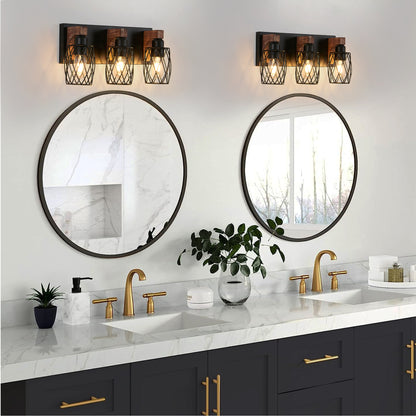 18" 3-Light Black Caged Wall Light with Wood Accents - view 2