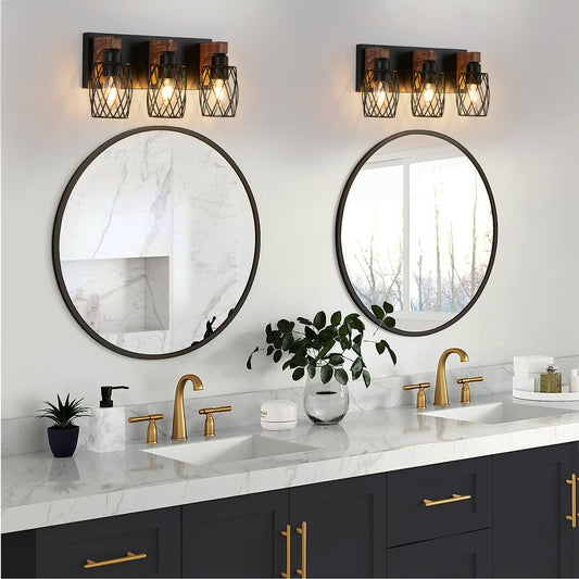 18" 3-Light Black Caged Wall Light with Wood Accents - view 2
