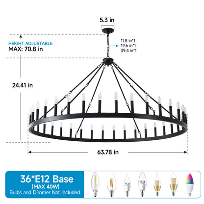 63.8" 36-Light Wagon Wheel Farmhouse Chandelier - view 3