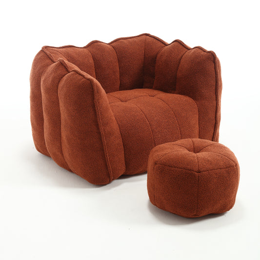 Soft Chenille Bean Bag Chair with Footstool – Red & Brown
