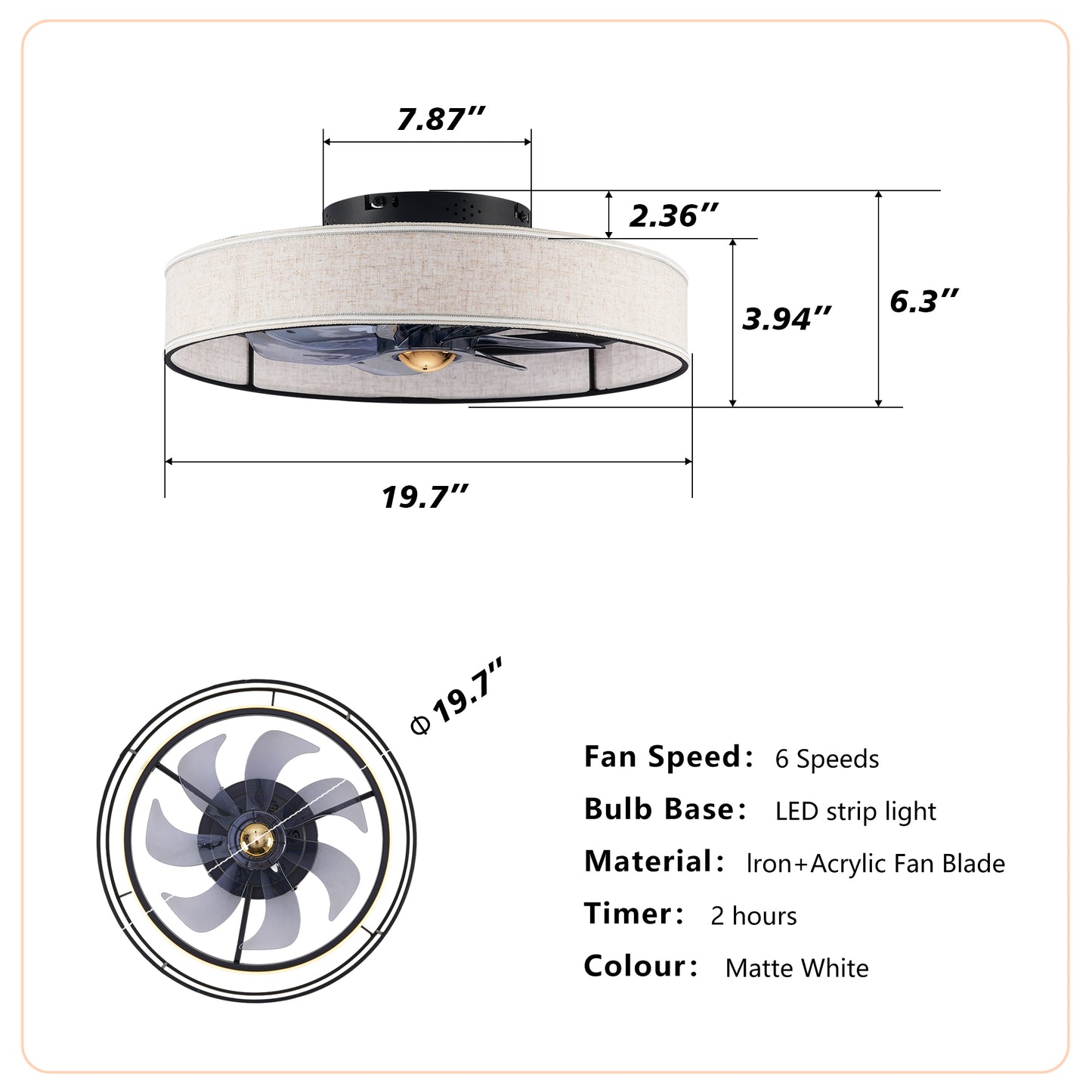 20" Matte Black Fabric Farmhouse Ceiling Fan with Remote - view 6