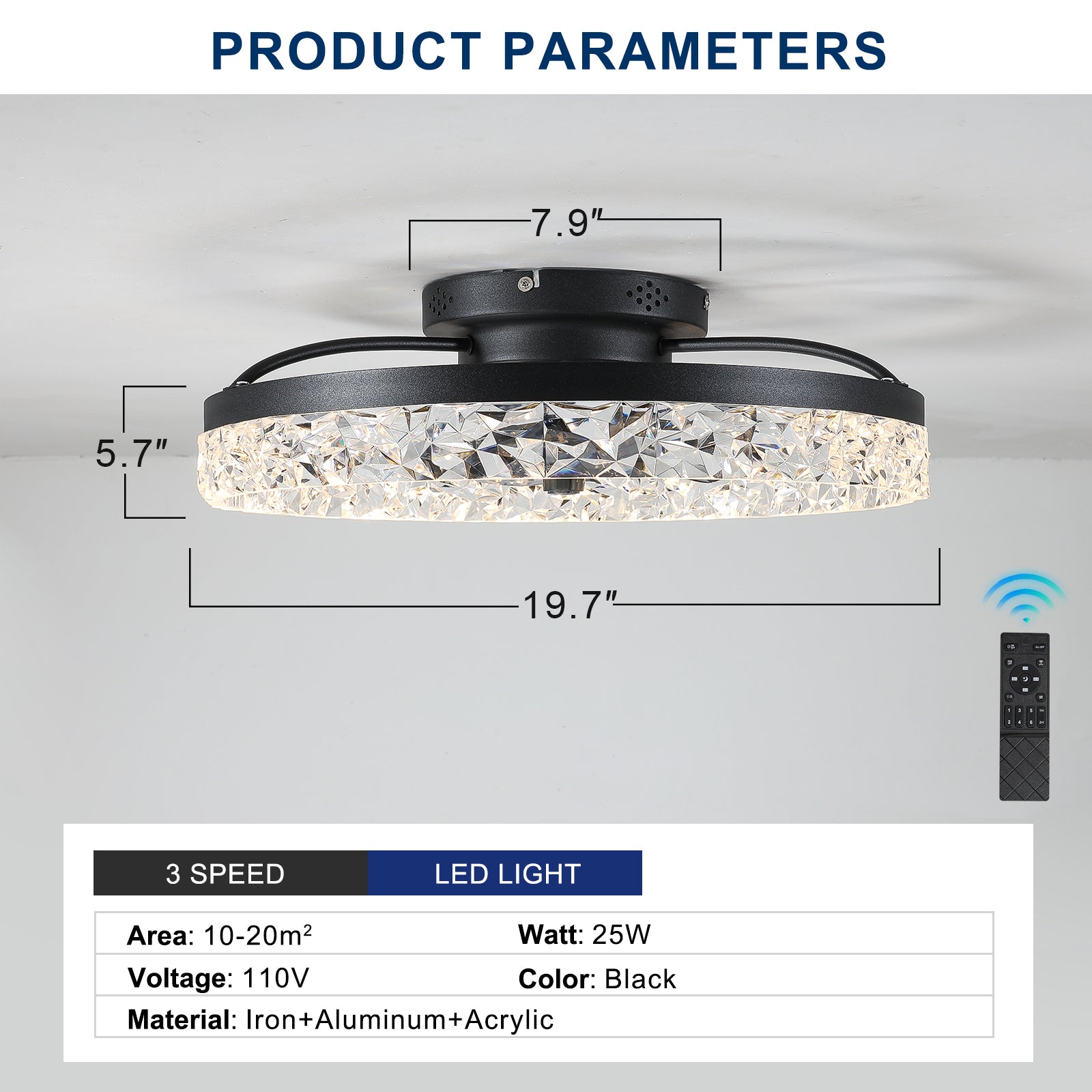 20" Black Low Profile Ceiling Fan with Dimmable LED - view 8