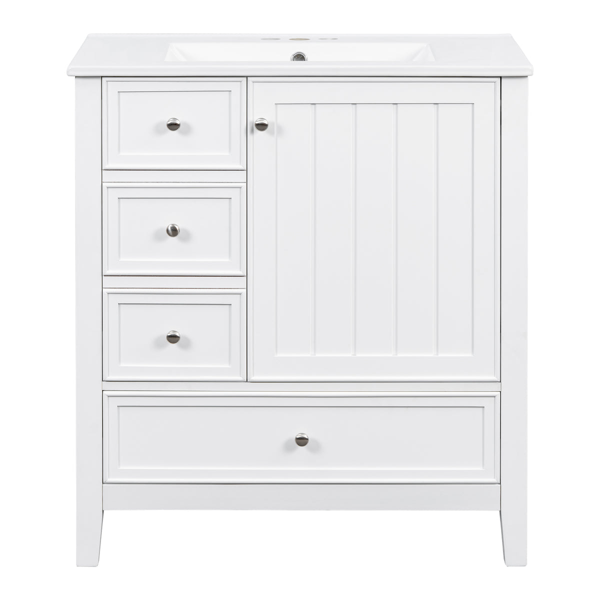30" White Bathroom Vanity with Sink, 3 Drawers & Bottom Drawer