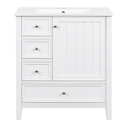 30" White Bathroom Vanity with Sink, 3 Drawers & Bottom Drawer