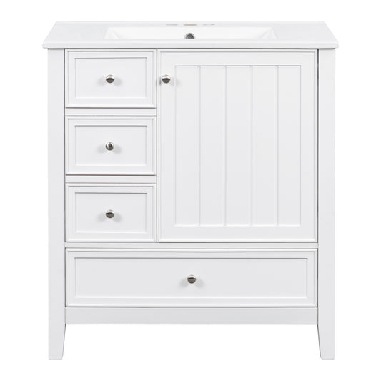 30" White Bathroom Vanity with Sink, 3 Drawers & Bottom Drawer