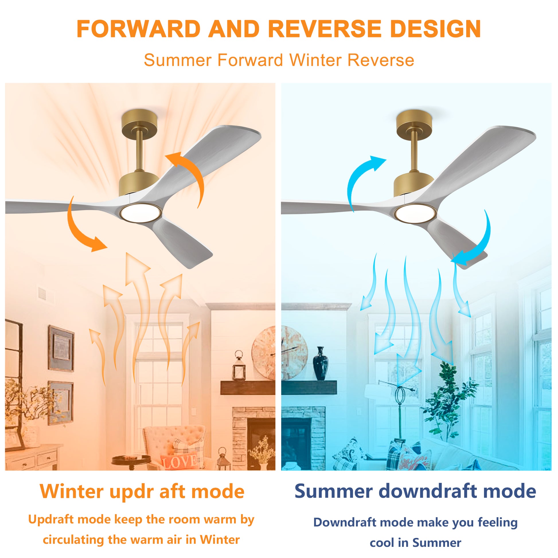 52" Gold and White Solid Wood Ceiling Fan with Dimmable LED - view 10