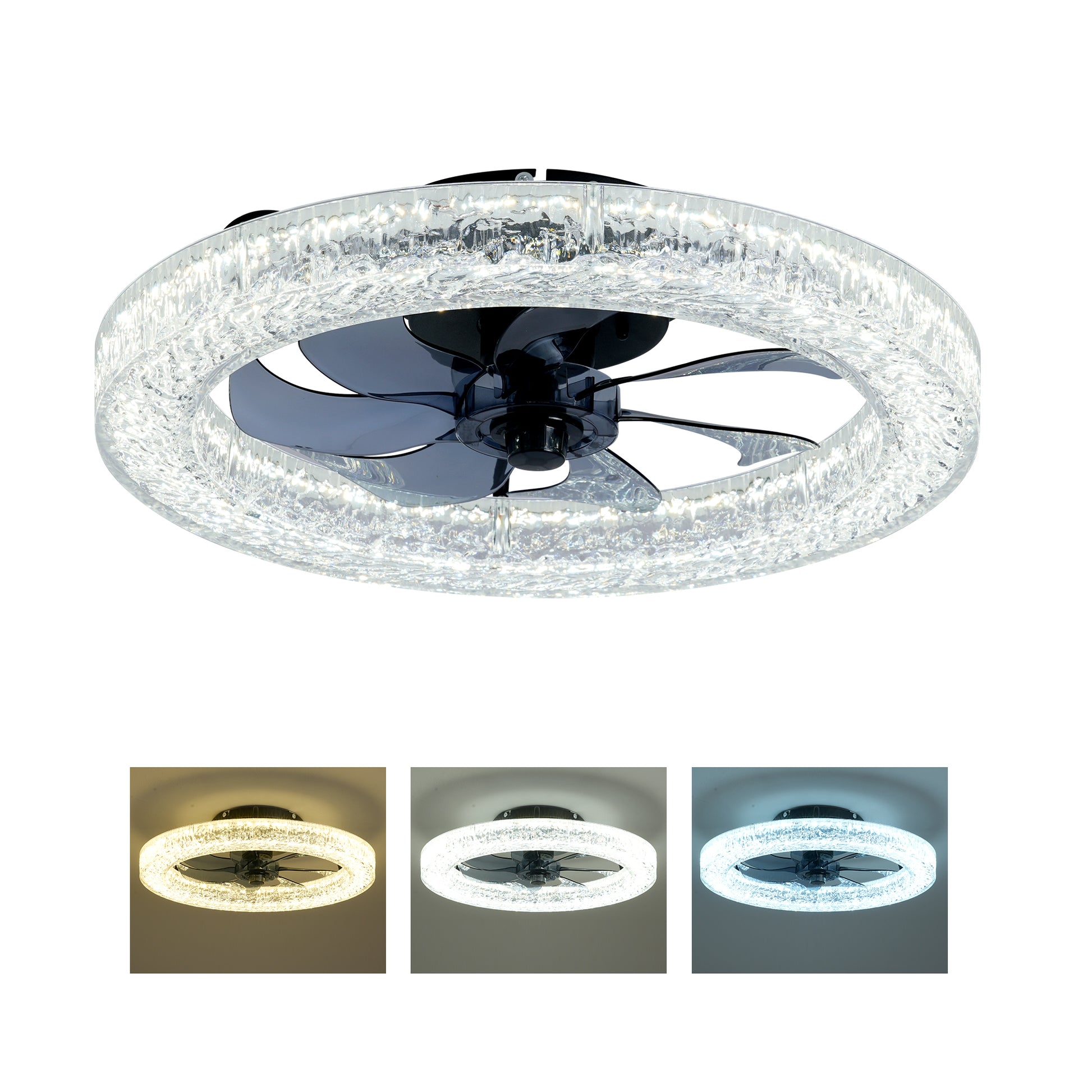 Matte Black Acrylic Ice Brick Ceiling Fan with Dimmable LED
