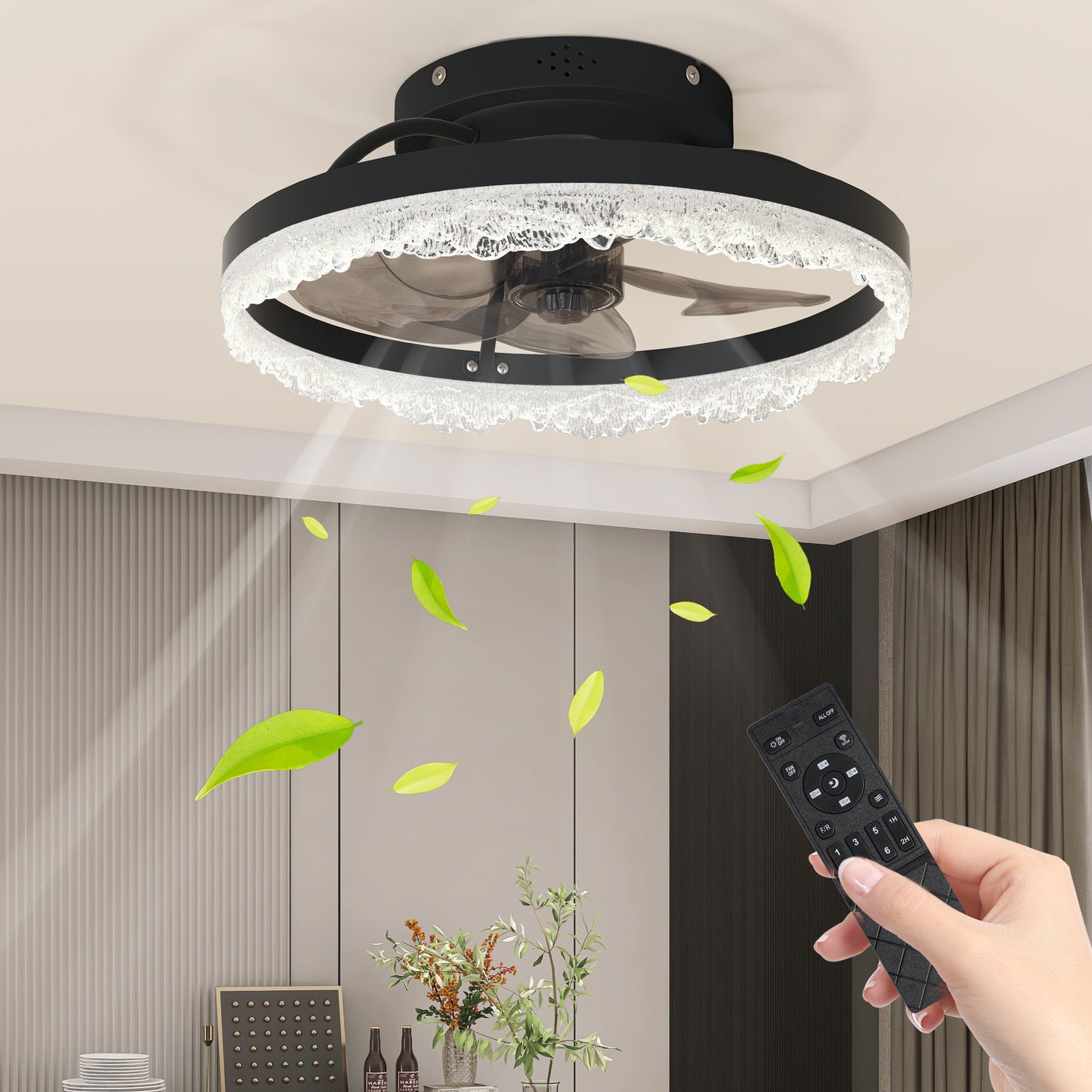 16" Black Crystal Ring Flush Mount Ceiling Fan with Remote - view 2