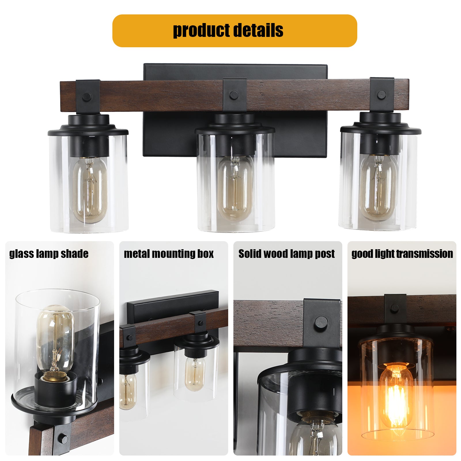 19" 3-Light Walnut Farmhouse Vanity Light with Glass Shades - view 15