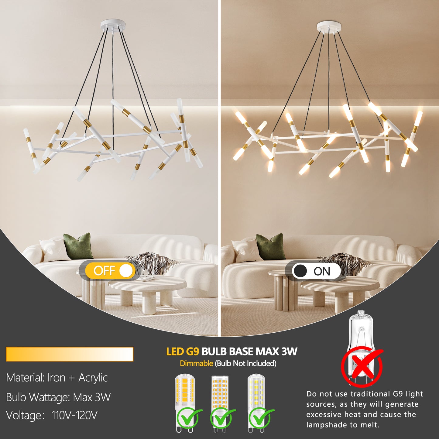 41" White and Gold Branch Chandelier with Frosted Tubes - view 5
