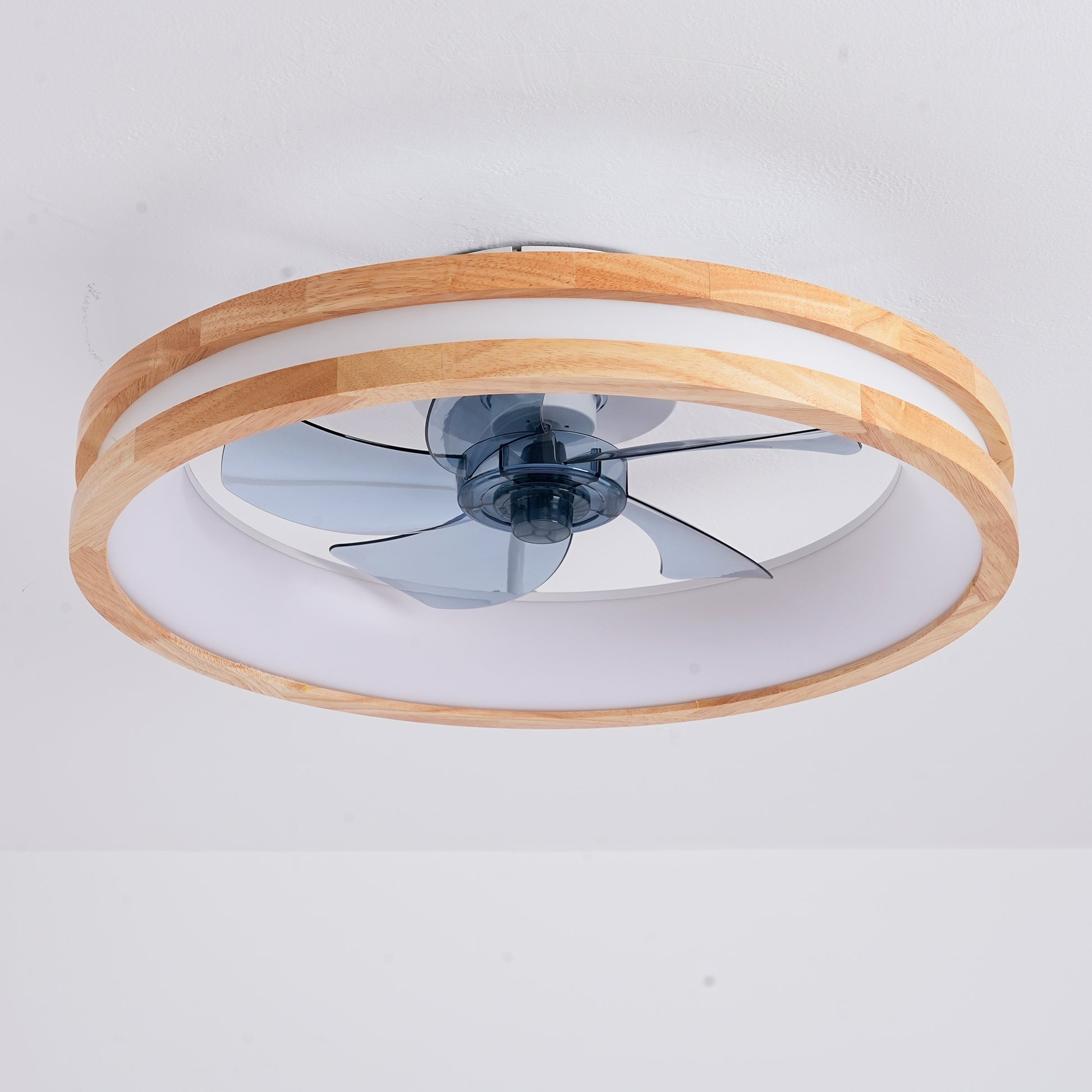 Natural Wood & White Flush Mount Ceiling Fan with Dimmable LED - view 17