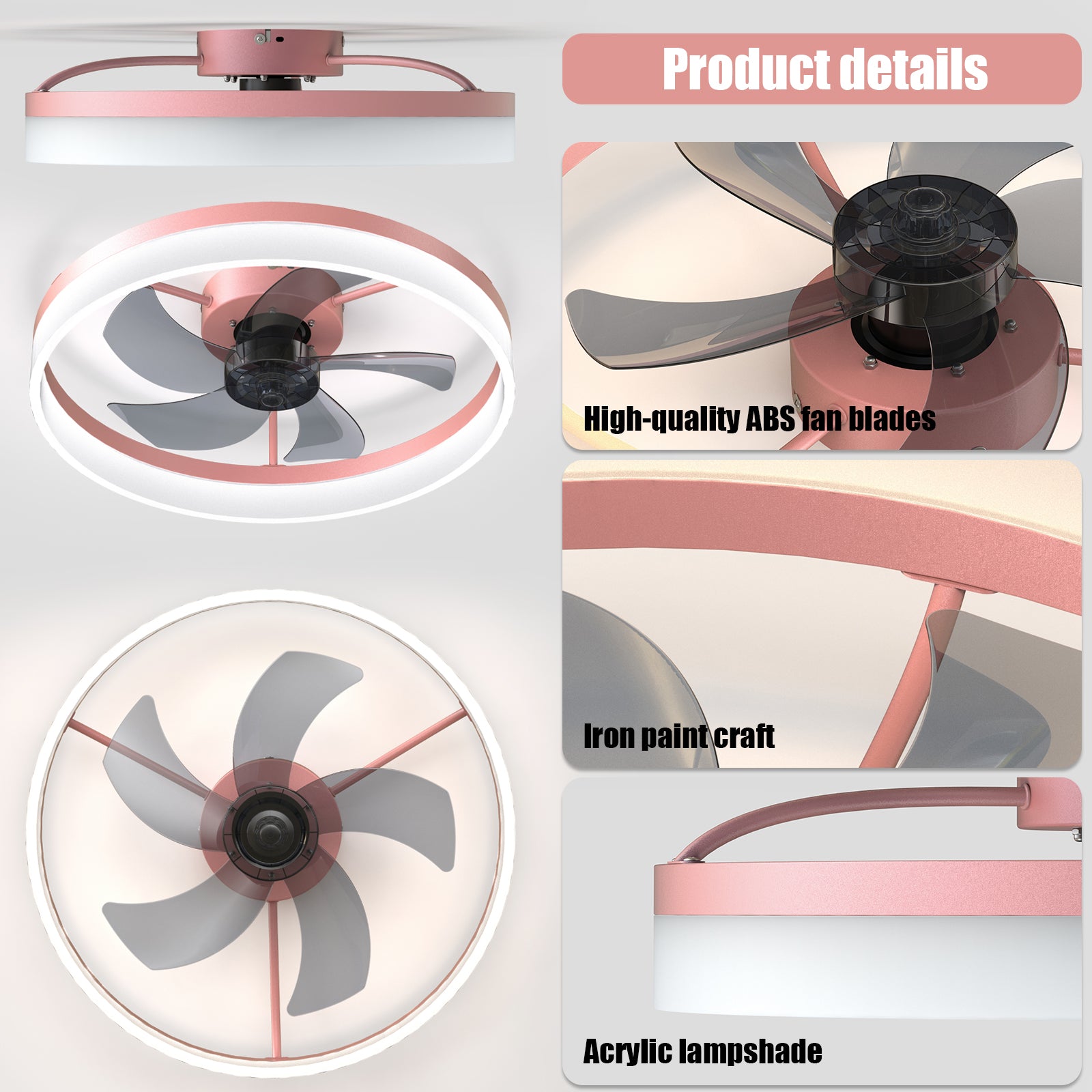 Pink Low Profile Ceiling Fan with Dimmable LED - view 6