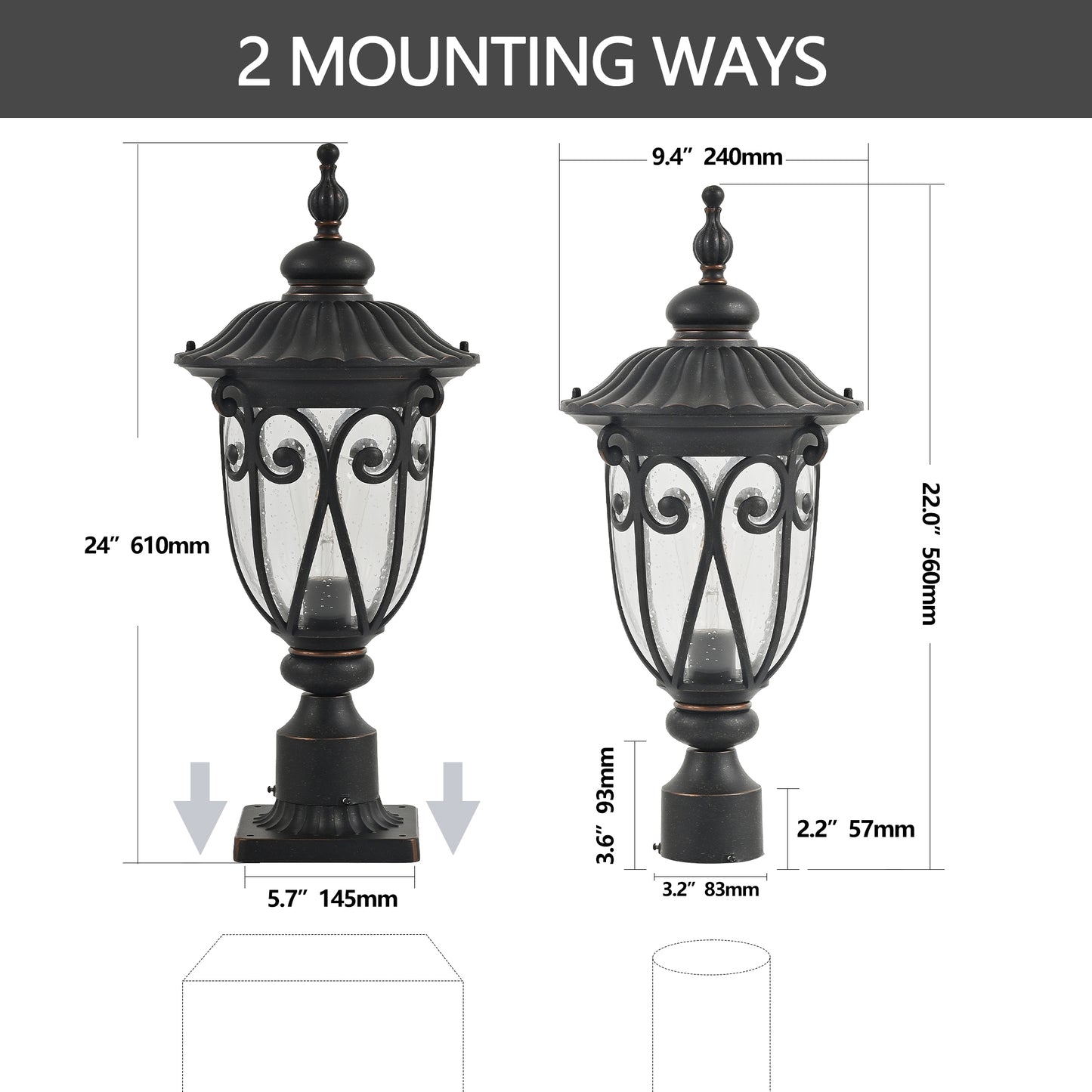 24"H Vintage Black Outdoor Post Light with Bubble Glass - view 10
