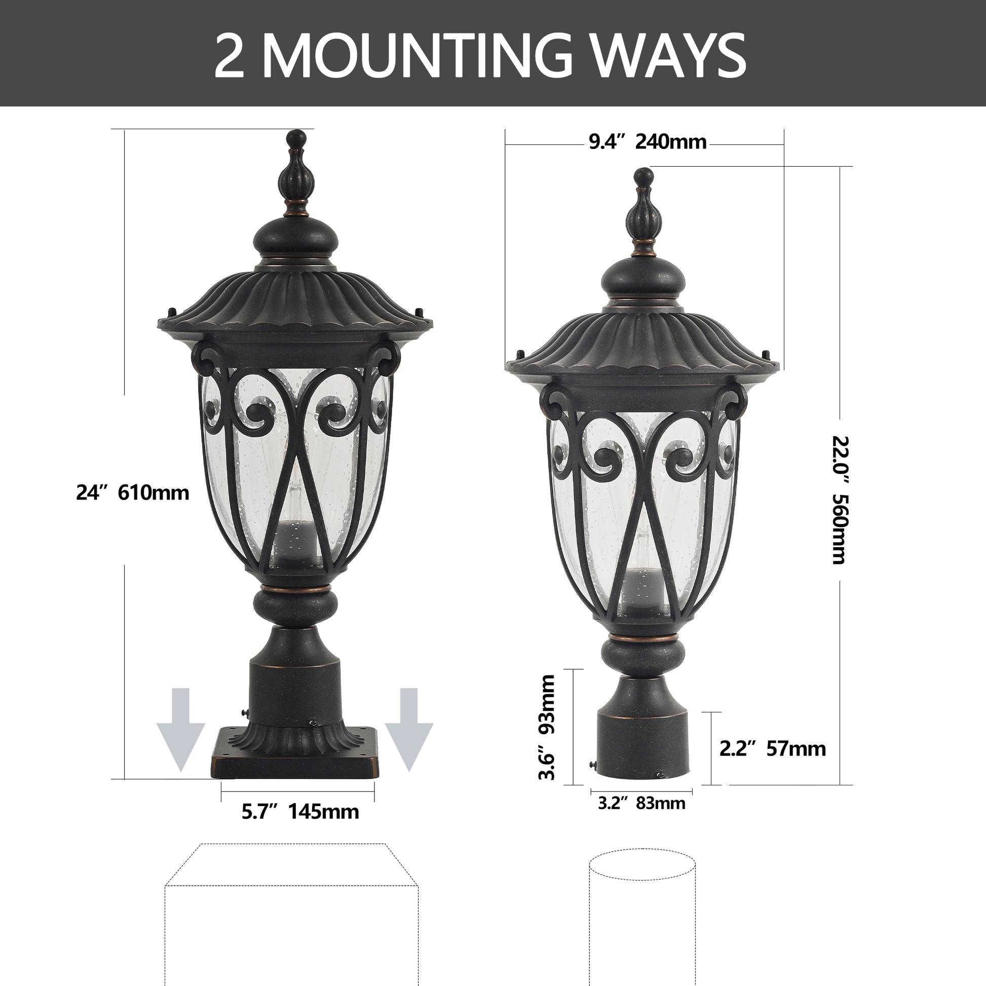 24"H Vintage Black Outdoor Post Light with Bubble Glass - view 10