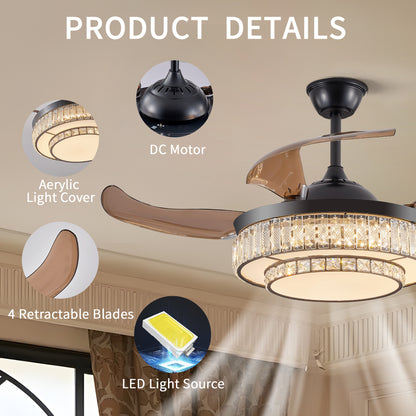 48" Black Crystal Retractable Ceiling Fan with Remote - view 3