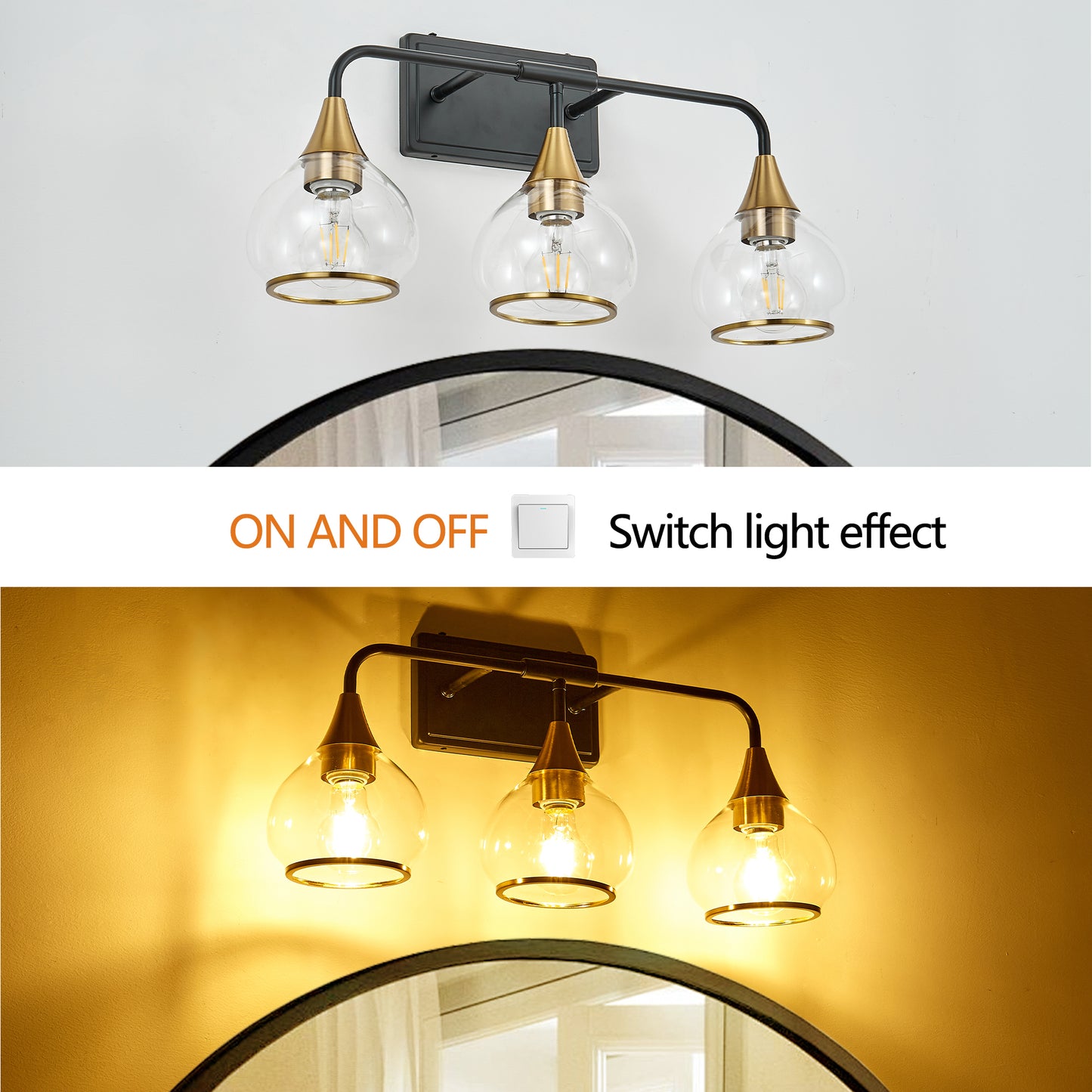 23" 3-Light Black & Gold Vanity Light with Clear Glass - view 8