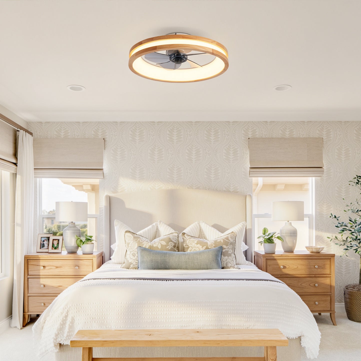 Natural Wood & White Flush Mount Ceiling Fan with Dimmable LED - view 5