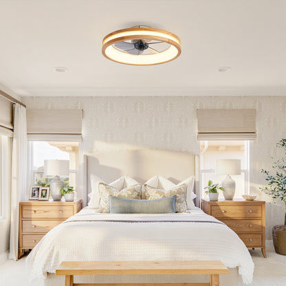 Natural Wood & White Flush Mount Ceiling Fan with Dimmable LED - view 5