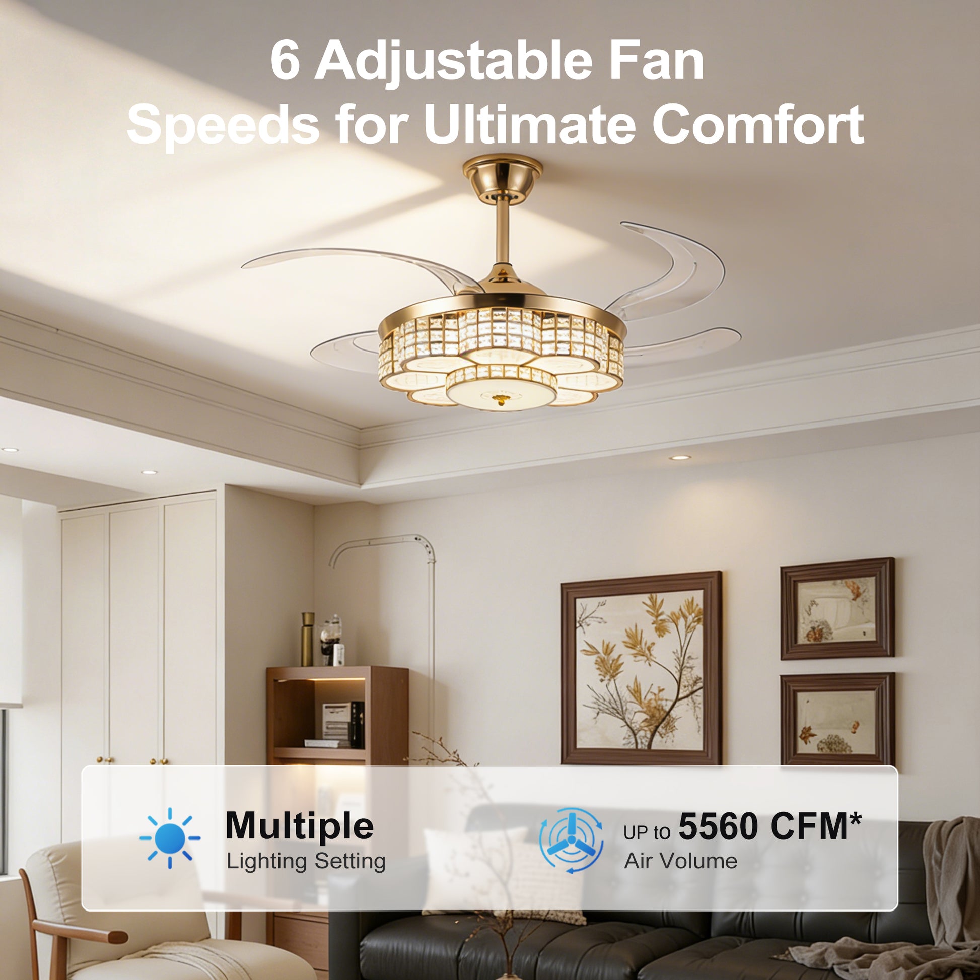 48" Gold Retractable Blade Ceiling Fan with Light & Remote - view 24