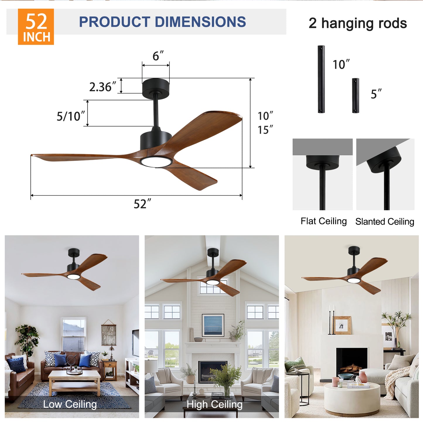 52" Matte Black Solid Wood Ceiling Fan with Dimmable LED - view 7
